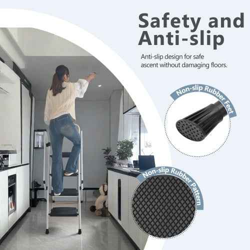4-Step Folding Steel Ladder Stool | Anti-Slip Wide Pedals, Safety Handle, Foldable, White