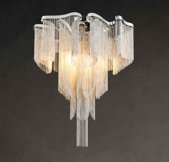 Nordic Luxury Silver Aluminium Chain Tassel LED Ceiling Light | 5 Sizes, Tricolor Dimming, 111-240V