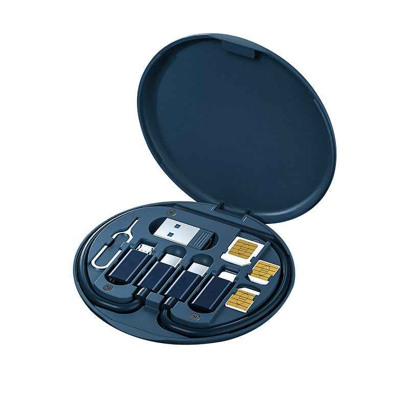 3-in-1 Fast Charging Cable with Round Storage Box – 60W USB-C, Lightning & Micro USB with SIM Card Slots & Ejector Pin