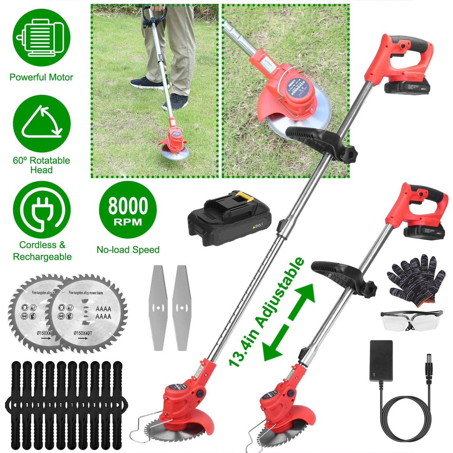 21V Cordless Electric Grass Trimmer | 650W, 8000 RPM, 37"-50.4" Telescopic Pole, 60° Angle, Multi-Blade