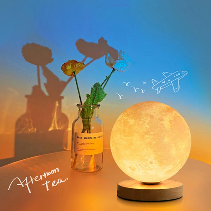 3D Rotating Moon Lamp | PLA + Oak Base | Remote & Touch Control | 3 Colour Modes | 360° Rotation | USB | 12cm, 15cm & 18cm | Home, Bedroom & Gift