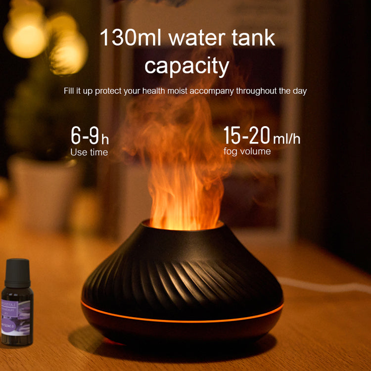 3D RGB Flame Aroma Diffuser & Humidifier | 130ml | 15–20ml/h | 6–9hr | Type-C | Auto Shut-Off | CE/RoHS/FCC | Essential Oil Compatible | Black & White | Bedroom & Office