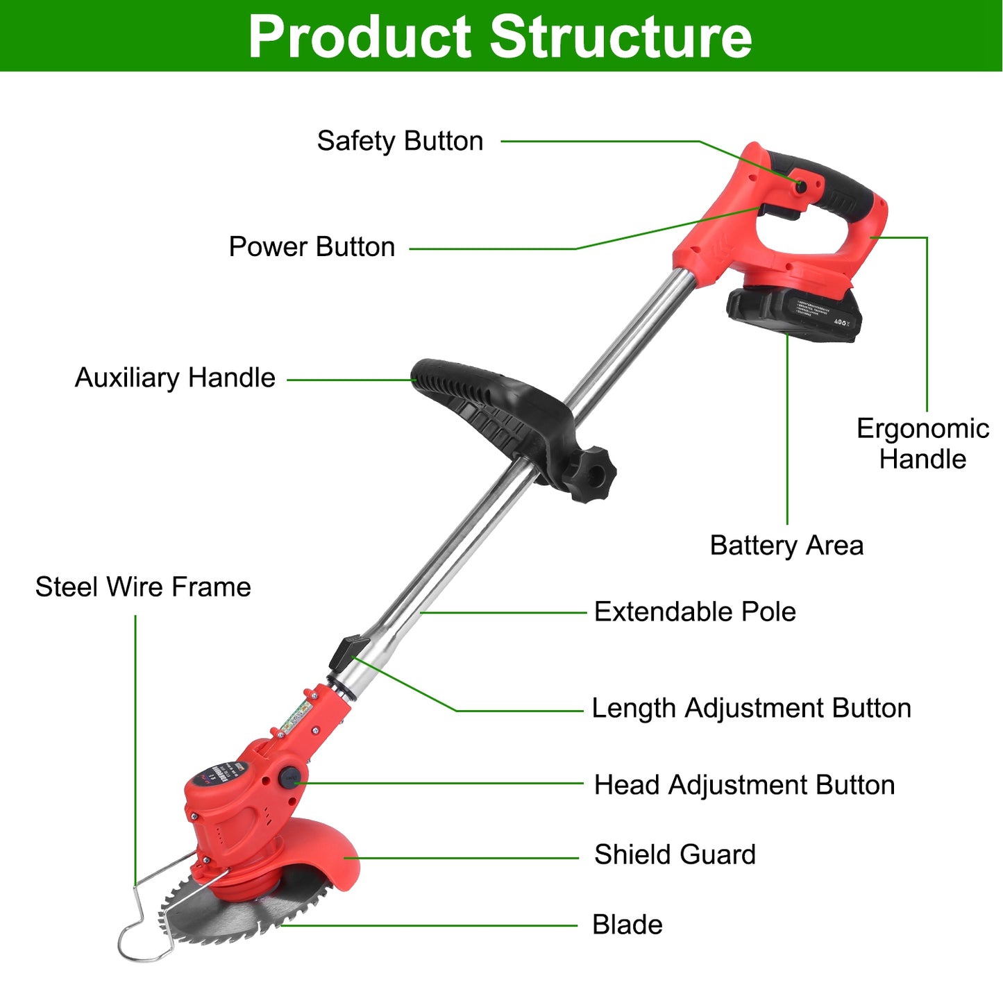 21V Cordless Electric Grass Trimmer | 650W, 8000 RPM, 37"-50.4" Telescopic Pole, 60° Angle, Multi-Blade