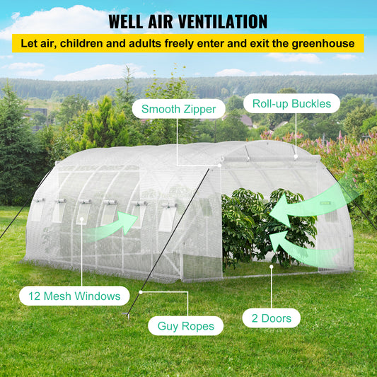 VEVOR 20'×10'×7' Walk-In Tunnel Greenhouse | Galvanized Steel, 12 Roll-Up Windows, 2 Zippered Doors, White