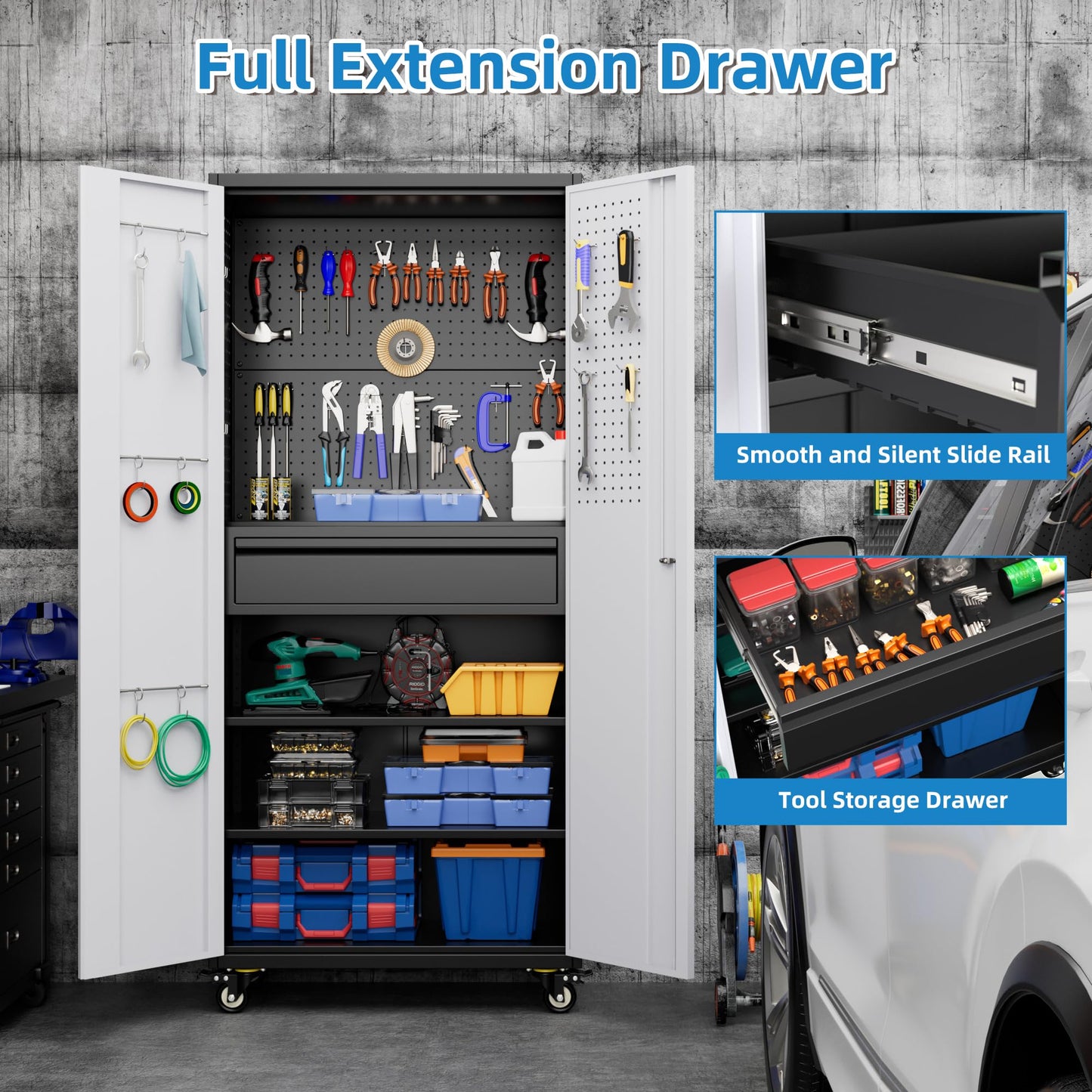 METHANE 71" Lockable Steel Tool Cabinet on Wheels | 5 Pegboards, 1 Drawer, 2 Shelves, Garage & Warehouse
