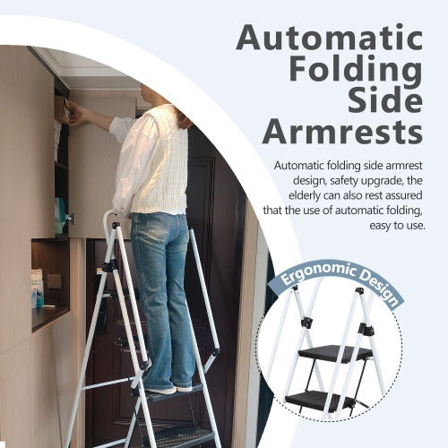 4-Step Folding Steel Ladder Stool | Anti-Slip Wide Pedals, Safety Handle, Multi-Purpose, White