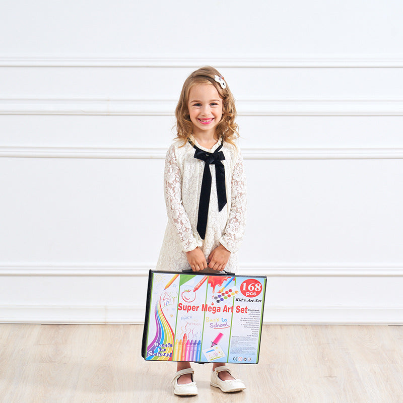 168-Piece Watercolour & Colour Pen Art Set | Complete Painting Kit | School & Art Supplies | Black & Pink Case