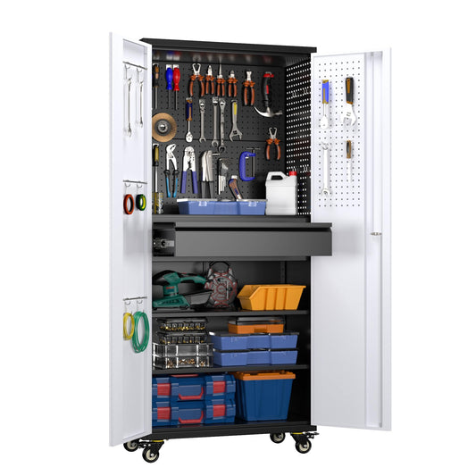 METHANE 71" Lockable Steel Tool Cabinet on Wheels | 5 Pegboards, 1 Drawer, 2 Shelves, Garage & Warehouse