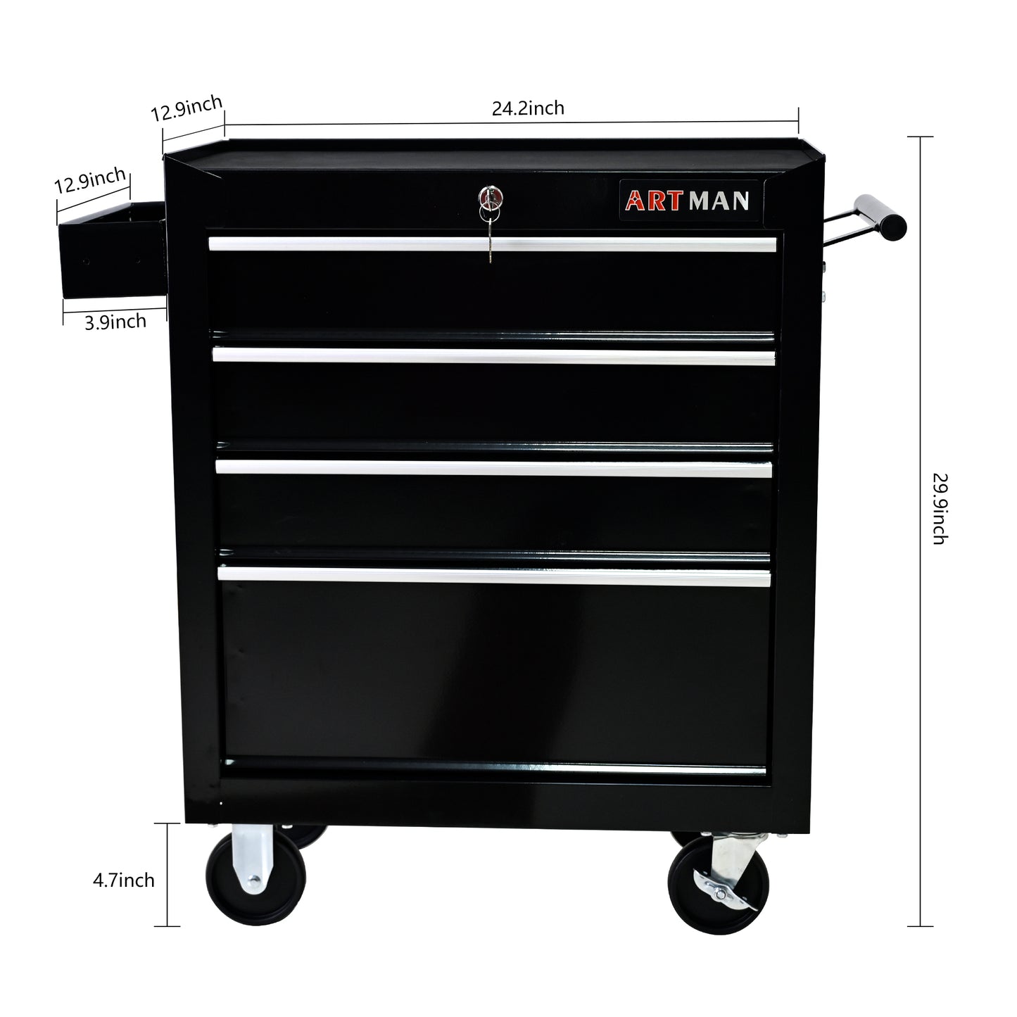 4-Drawer Multifunctional Tool Cart with Wheels | Lockable, Ball-Bearing Drawers, Powder-Coated Steel, Black
