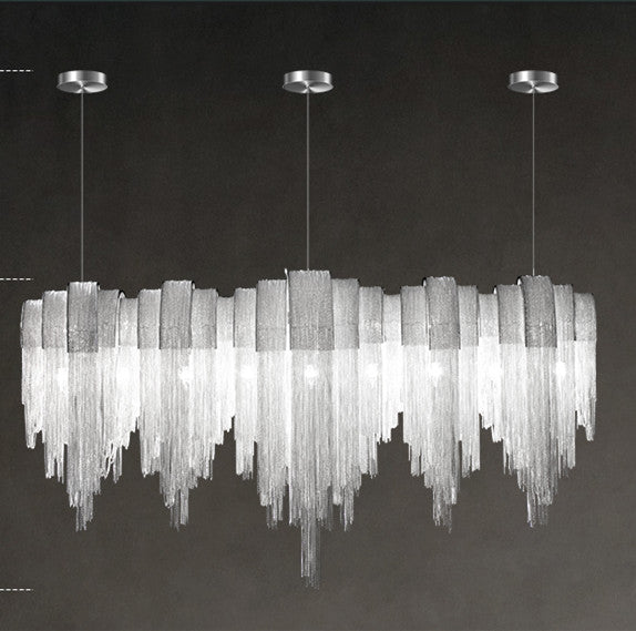 D6303 Nordic Minimalist Aluminium Tassel Chain LED Chandelier | 5 Sizes 90-210cm, Tricolor Dimming, Silver, 111-240V