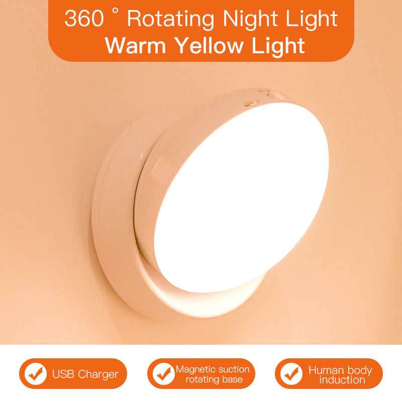 Rotating PIR Motion Sensor Night Light | USB Rechargeable | 120° | 3–5m | ON/OFF/AUTO | 83×83×56mm | ABS | Corridor, Wardrobe, Garage & Stairway | White & Yellow Light