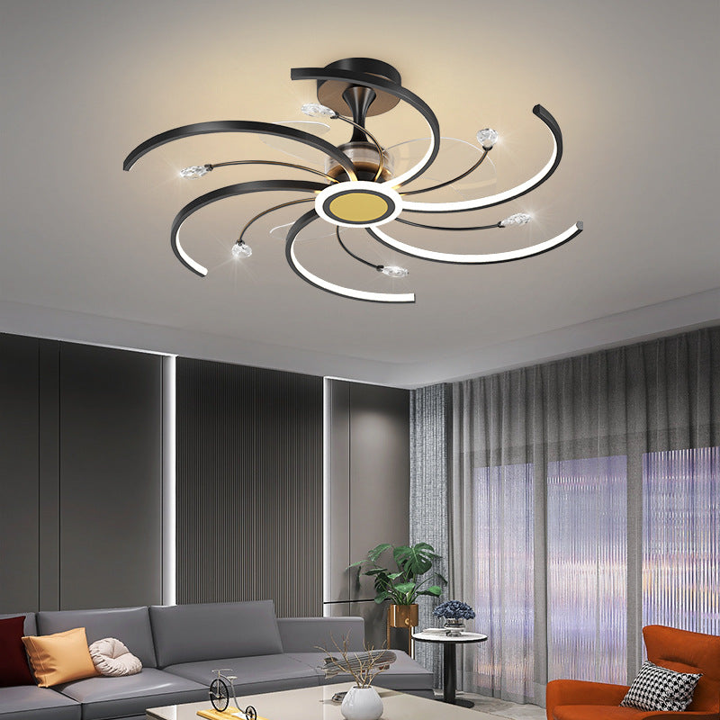 Modern Iron Black Gold LED Ceiling Fan Chandelier | Stepless Dimming, 4/5/6 Heads, 68-108cm, 220V, 15-30㎡