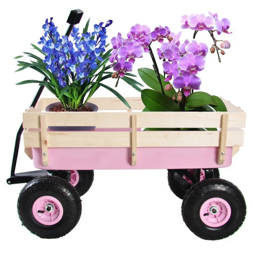All-Terrain Garden Wagon Cart | 176 lbs, Wood Railing, 10" Air Tires, Foldable Handle, Blue/Pink/Red