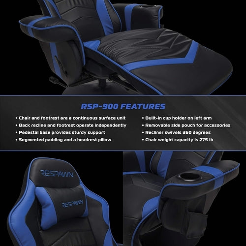 Gaming Recliner Chair with Cupholder, Footrest & Swivel Base – Blue