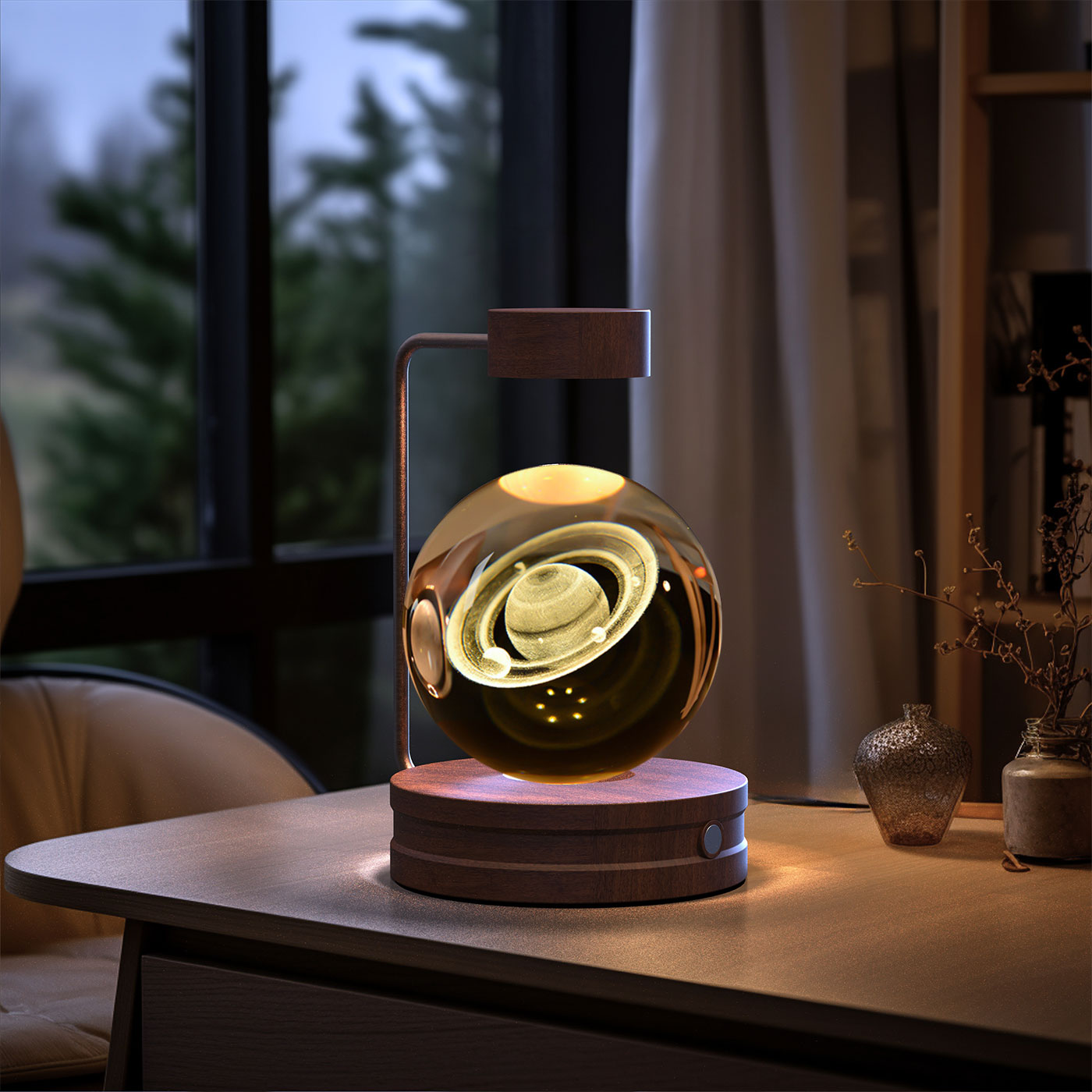 3D Crystal Glass LED Night Light | Touch Switch | USB Rechargeable | Walnut Wood Base | 27 Designs | Dark & Light Wood | Bedroom, Gift & Home Decor
