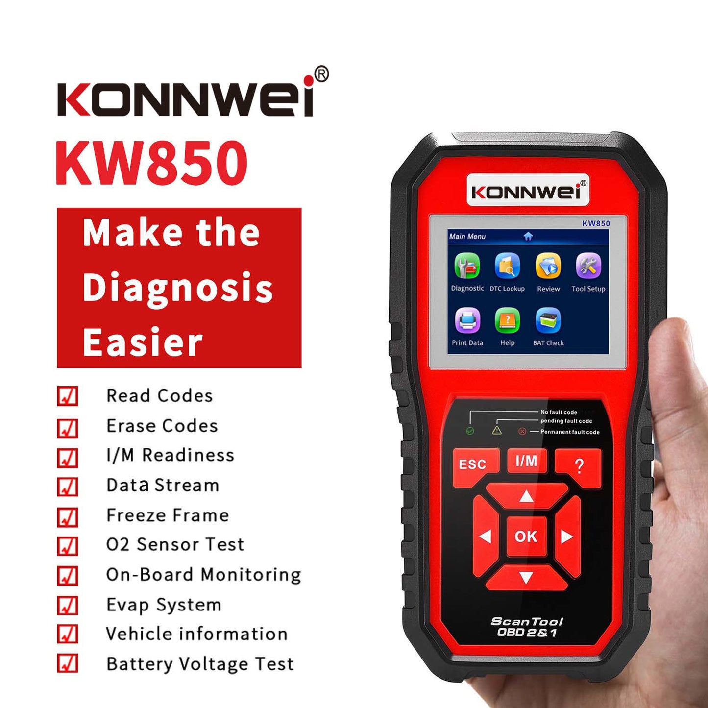 KONNWEI KW850 OBD2 / EOBD Car Diagnostic Scanner | All 10 Modes | CAN Bus | 8 Languages | 1996+ Vehicles