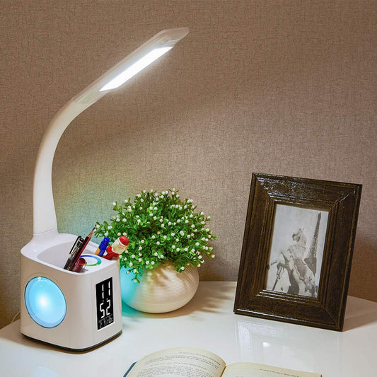 7-in-1 LED Desk Lamp | 8W | USB Charging Port | 256-Colour Base | Clock, Calendar & LCD | Pen Holder | Gooseneck | 3-Level Dimming | White