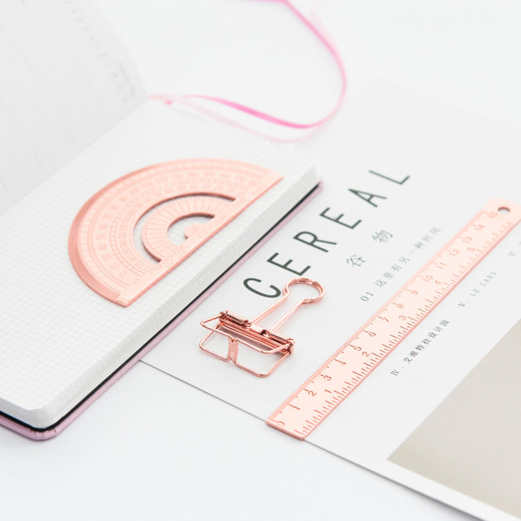 Stainless Steel Ruler Set | 15cm Ruler, Protractor & Square | Rose Gold & Yellow | School & Office