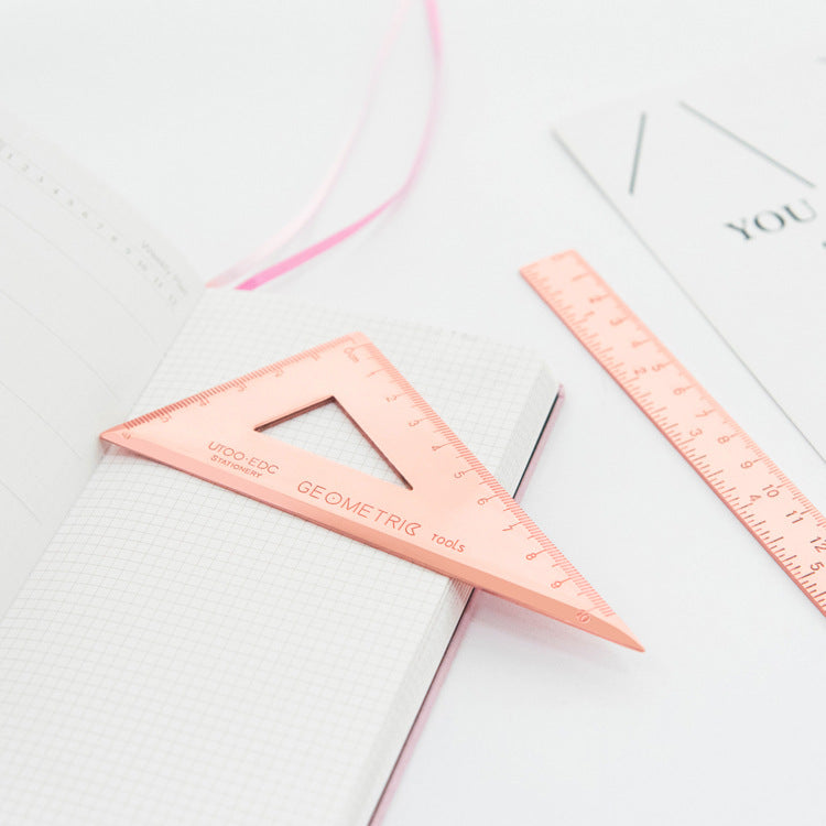 Stainless Steel Ruler Set | 15cm Ruler, Protractor & Square | Rose Gold & Yellow | School & Office