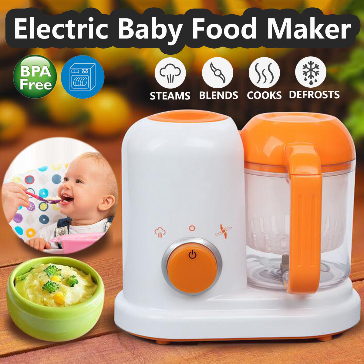 Baby Food Processor Steamer & Blender | 300W Steam | 120W Mix | 190ml | BPA-Free PP | Dishwasher Safe | 23×12.8×20cm | EU & US Plug | Puree, Juice, Milkshake & Ice Crush | Orange