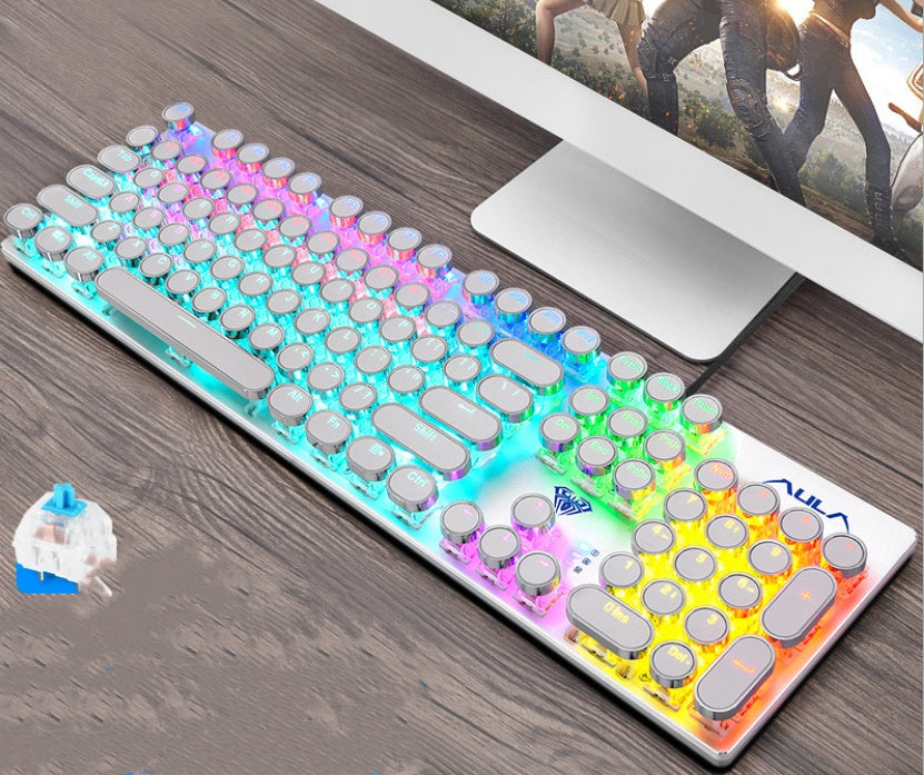 Steampunk Mechanical Gaming Keyboard | 104 Keys | Green Switch | Metal Panel | Gold-Plated Keycaps | USB | Black Blue & White Blue