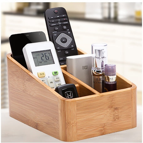 Bamboo Desktop Storage & Organiser Box | Natural Bamboo | Rounded Corners | Multi-Compartment | Desk Tidy | Home & Office | 3 Sizes