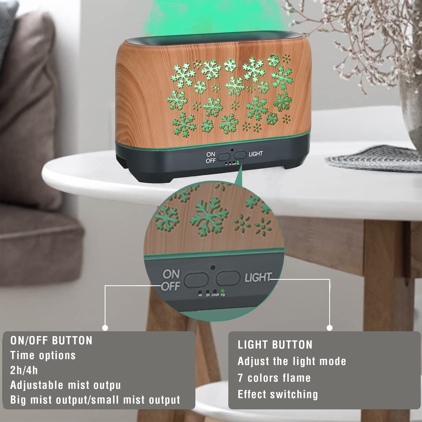7-Colour Flame Effect Aromatherapy Diffuser & Humidifier | 8W | Wood Grain | Essential Oil | Remote Control | EU, UK & US Plug