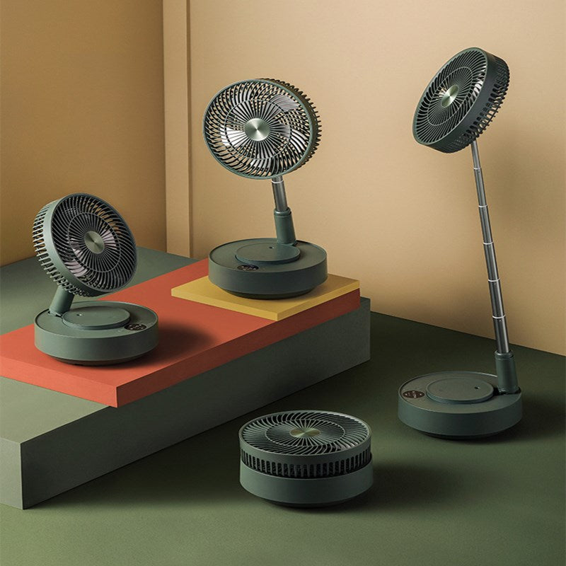 Model 908 Telescopic Foldable Rechargeable Floor & Desktop Fan | 5-Speed, Magnetic Remote, Optional Humidifier, Green & White