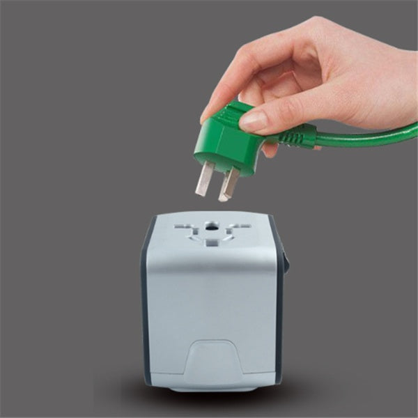 Universal Travel Adapter with USB Charging | 170+ Countries | 100–250V | 1500W | 5V/3.7A USB | CE/RoHS/FCC | 66×53×52mm | Black, Blue & Green