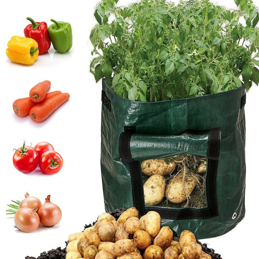 PE Garden Grow Bag | Breathable | Drainage Holes | Side Harvest Window | Double Handles | Reusable & Foldable | White/Green & Black | 5 Sizes | Balcony, Garden & Outdoor Planting