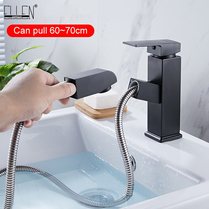 Nordic Brass Brushed Gold Pull-Out Faucet | Hot & Cold, Square Design, High & Low Spout, Golden