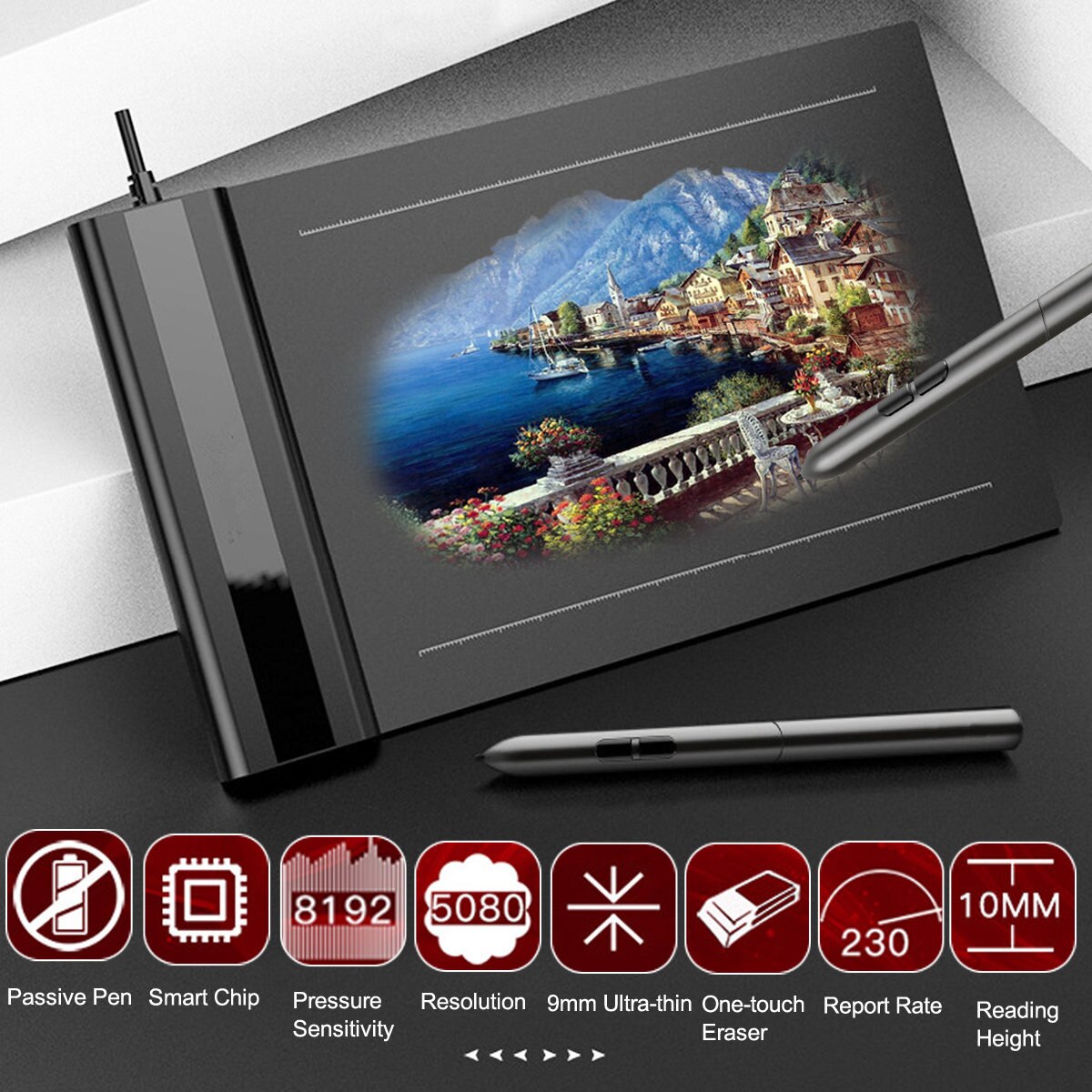 S640 Graphics Drawing Tablet | 6×4" | 8192 Pressure Levels | 5080 LPI | Battery-Free Pen | USB | Black
