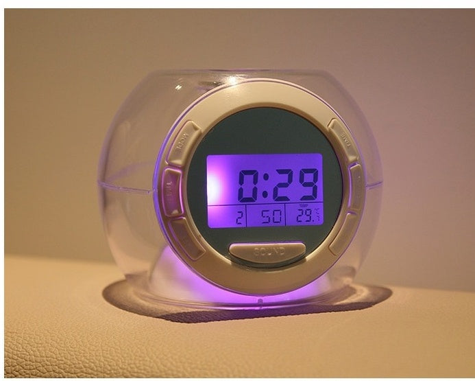 7-Color LED Alarm Clock | 6 Natural Sounds, Temperature, Timer, Snooze | LCD Display | White