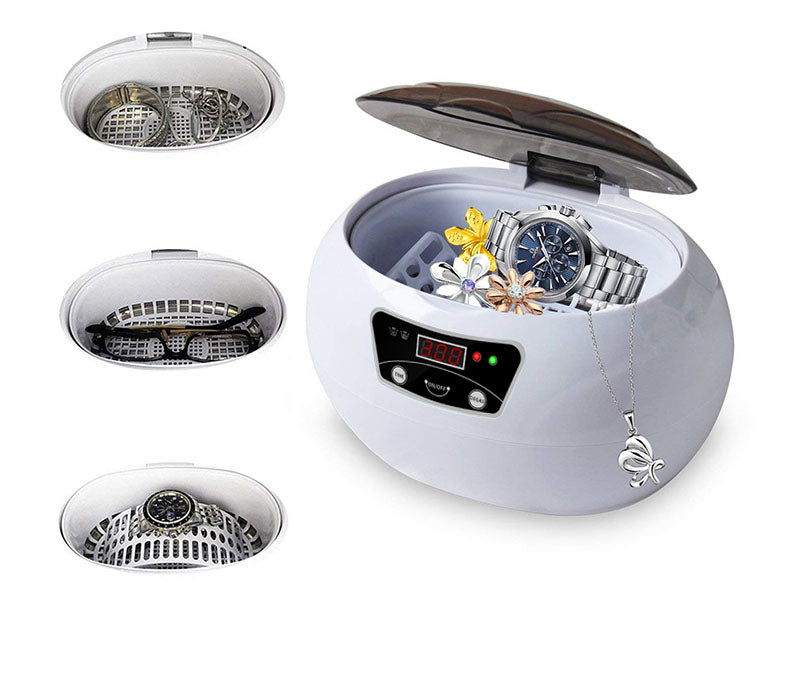 Ultrasonic Jewellery & Household Cleaner | 40KHz | Digital Control | 20.6×15.2×13.2cm | EU & US Plug | White Blue & White Grey