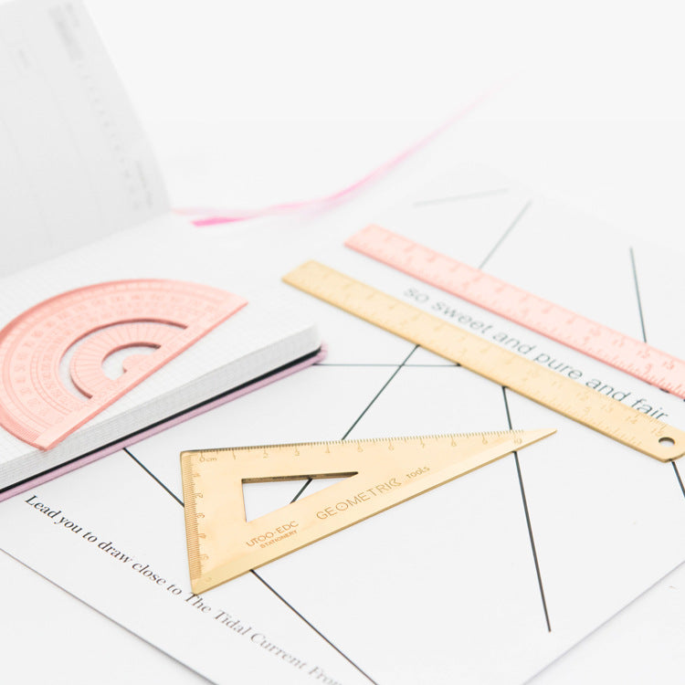 Stainless Steel Ruler Set | 15cm Ruler, Protractor & Square | Rose Gold & Yellow | School & Office