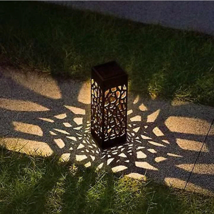 Solar Garden Pathway Stake Lights | Hollow-Carved Shell | 2LM | 3000K & Cool White | 300mAh | 4–10hr Runtime | Auto Dusk-to-Dawn | Waterproof | 6×6×28.5cm | 1–12pc Packs