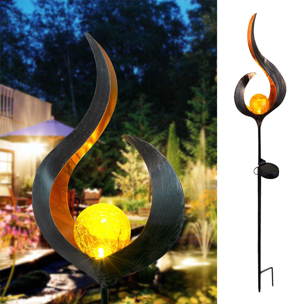 Solar Iron & Glass Garden Stake Light | IP55 | 0.5W Warm White LED | 6–8hr Runtime | 100,000h | 78×17×6cm | 2V Solar | 600mAh | Cutout, Flame, Star, Sun & White | Pathway & Garden Decor