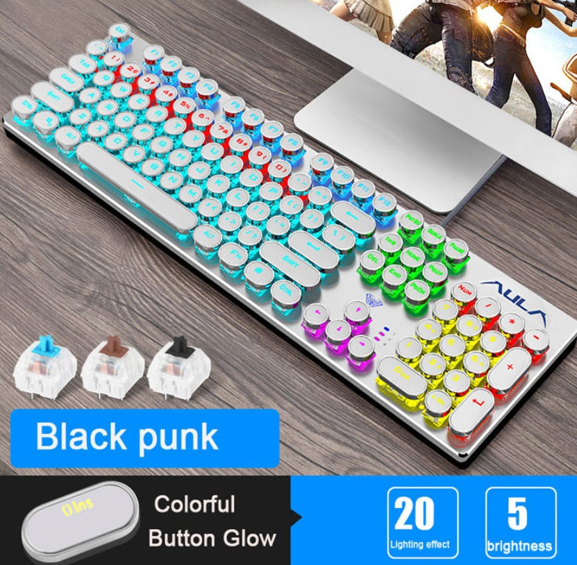 Steampunk Mechanical Gaming Keyboard | 104 Keys | Green Switch | Metal Panel | Gold-Plated Keycaps | USB | Black Blue & White Blue