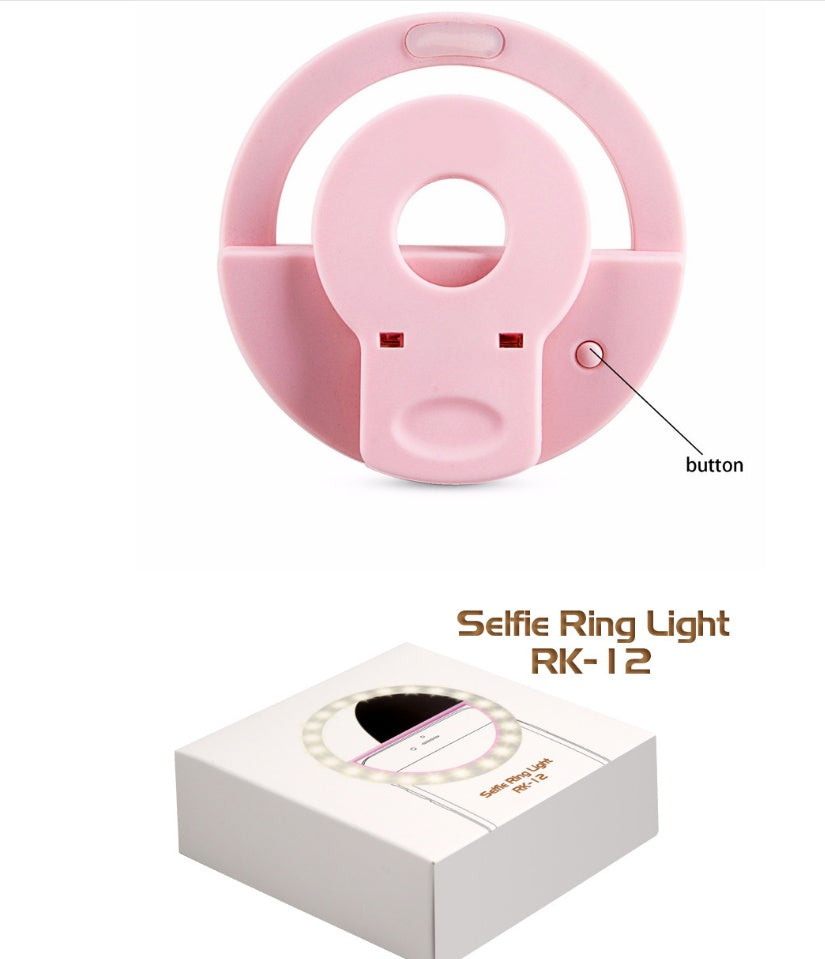 Clip-On LED Selfie Ring Fill Light RK-12 | 3W | 4-Speed Dimming | USB Rechargeable | 2–5hr Battery | 86×27mm | Phone, Laptop & iPad | Selfie, Beauty & Jewellery Photography | Black, Blue, Pink & White