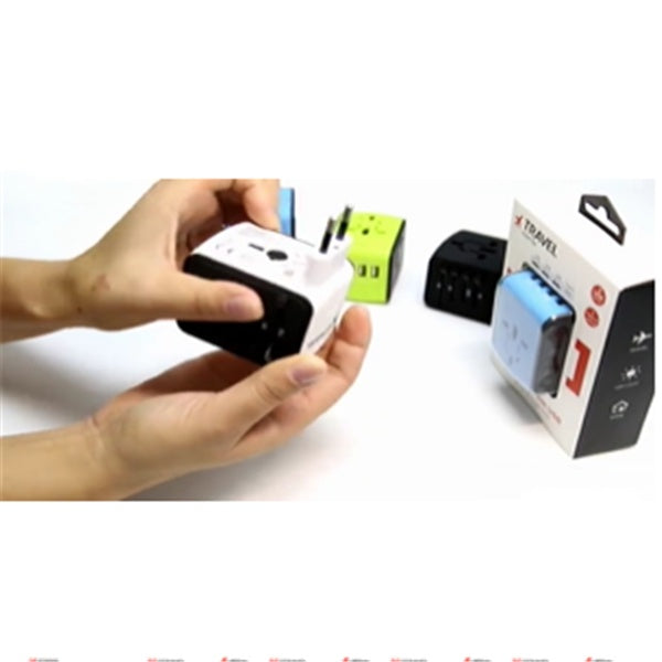 Universal Travel Adapter with USB Charging | 170+ Countries | 100–250V | 1500W | 5V/3.7A USB | CE/RoHS/FCC | 66×53×52mm | Black, Blue & Green
