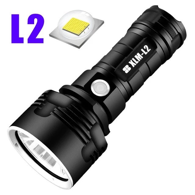 High-Power LED Tactical Flashlight | 20W | 200–500m Range | Aluminium Alloy | Rechargeable | L2 2500mAh & P70 5500mAh | Camping, Hiking, Hunting & Emergency