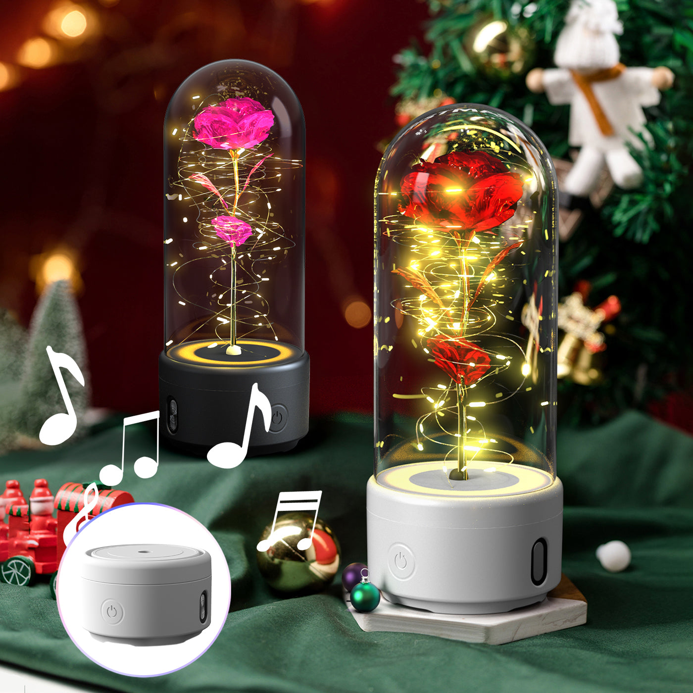2-in-1 Eternal Rose LED Light & Bluetooth Speaker | Glass Dome | Handmade Preserved Flower | Copper Wire LED | HD Sound | Black & White Base | 5 Flower Colours | Valentine's & Gift