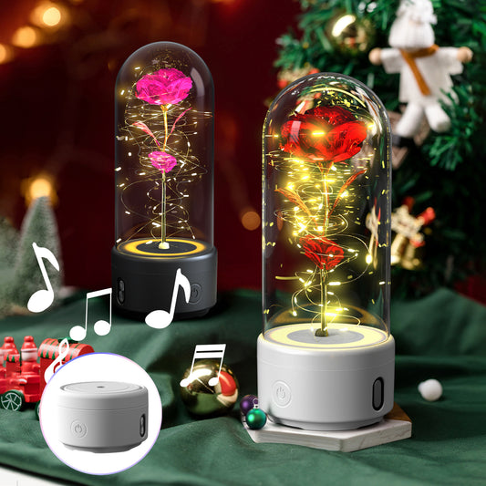 2-in-1 Eternal Rose LED Light & Bluetooth Speaker | Glass Dome | Handmade Preserved Flower | Copper Wire LED | HD Sound | Black & White Base | 5 Flower Colours | Valentine's & Gift