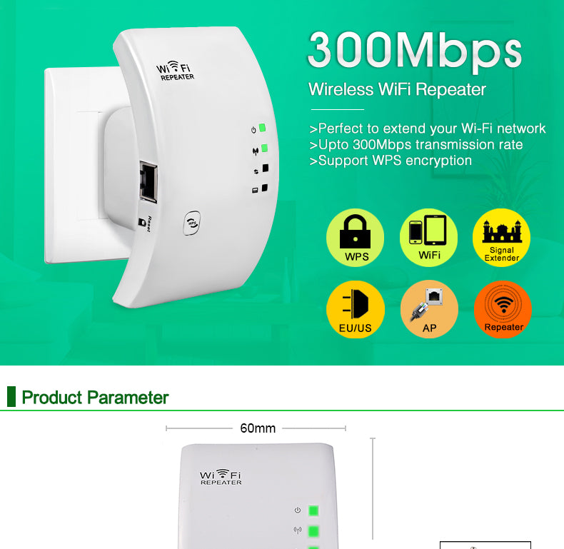300Mbps WiFi Repeater & Range Extender | 2.4GHz | VPN | WPS | WDS | 802.11b/g/n | EU & US Plug | Black & White | Single, 2-Pack & 3-Pack