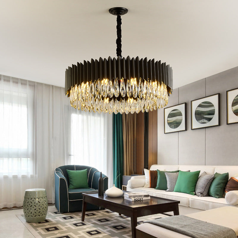 Modern Black Iron & K9 Crystal LED Chandelier | Tricolor Dimming, 7 Sizes, Round & Oval, 111-240V