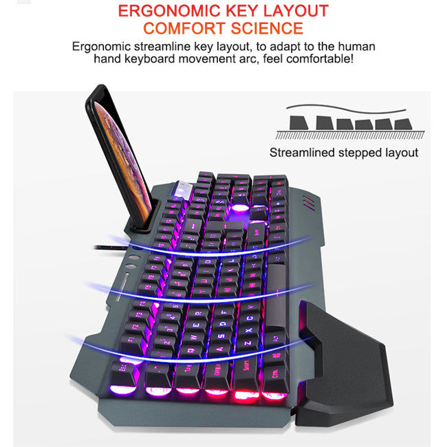 RGB Gaming Keyboard with Phone Holder & Pen Slot | 16 Backlight Modes | Waterproof | USB 2.0 | 0.1ms | Windows & Android | Black & White