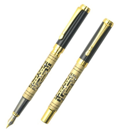 Metal Luxury Fountain Pen | Iridium Nib | 0.7mm Broad Point | Rotating Ink Suction | Obsidian & Gold