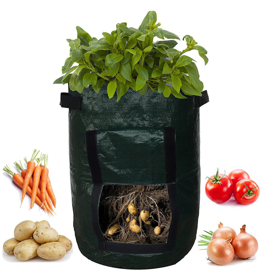 PE Garden Grow Bag | Breathable | Drainage Holes | Side Harvest Window | Double Handles | Reusable & Foldable | White/Green & Black | 5 Sizes | Balcony, Garden & Outdoor Planting