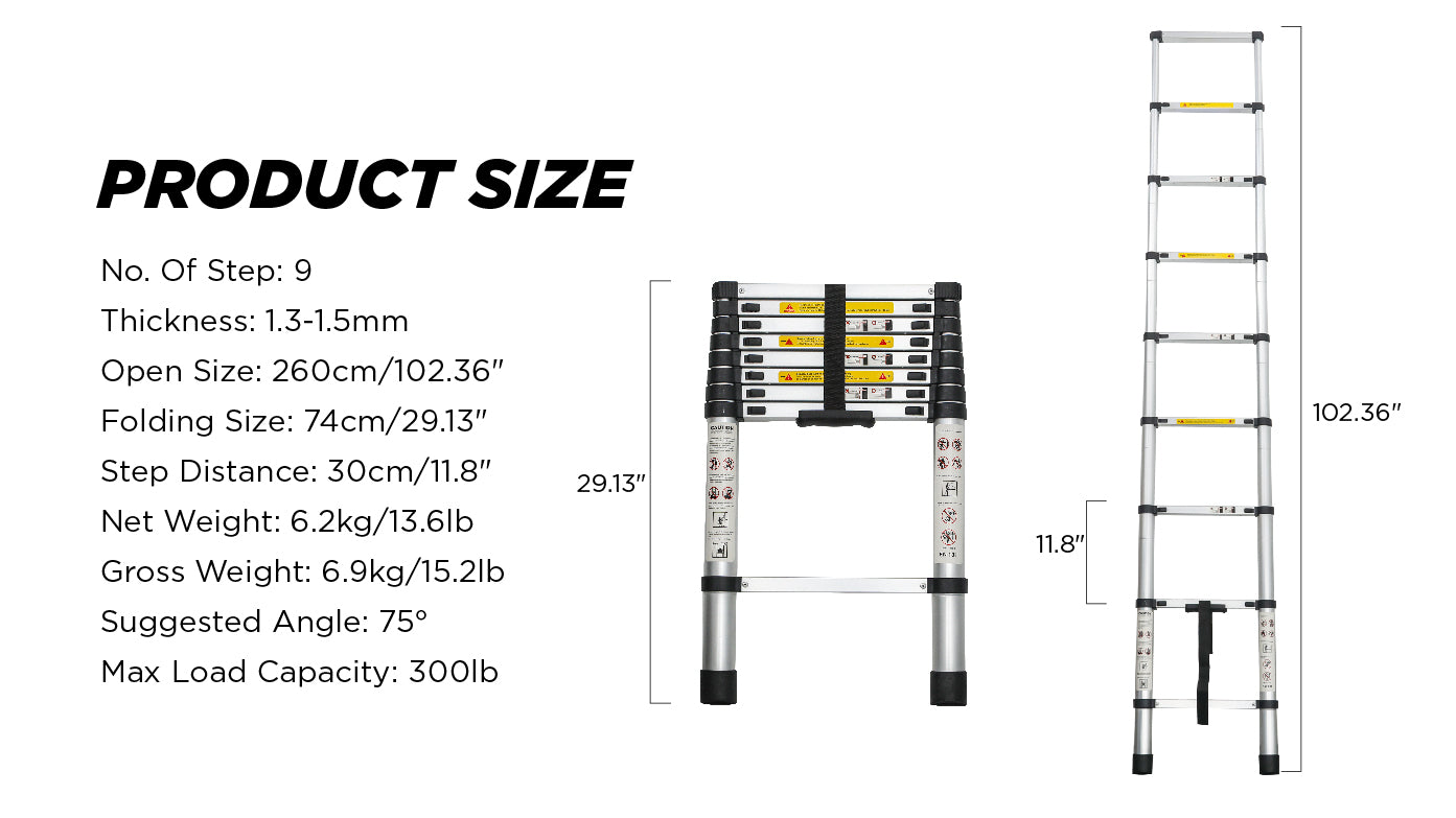 8.5ft Aluminum Telescoping Extension Ladder | 330 lbs Capacity, Collapsible, Multi-Purpose, RV & Outdoor