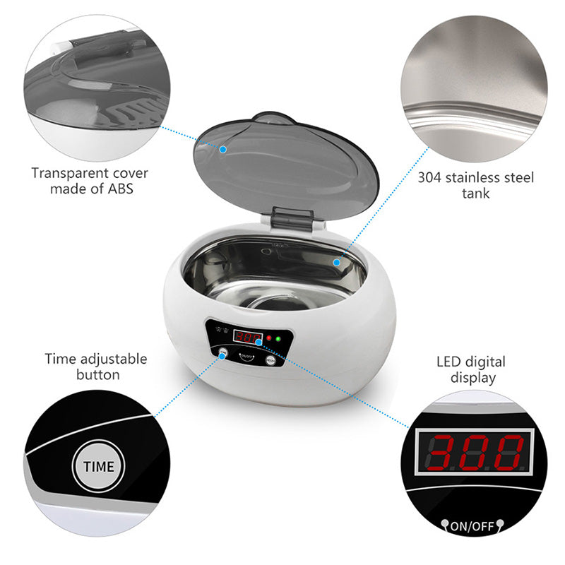 Ultrasonic Jewellery & Household Cleaner | 40KHz | Digital Control | 20.6×15.2×13.2cm | EU & US Plug | White Blue & White Grey